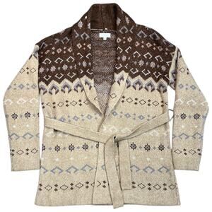Lucky Brand Fair Isle Belted Cardigan Brown and Tan Sweater Longline - M